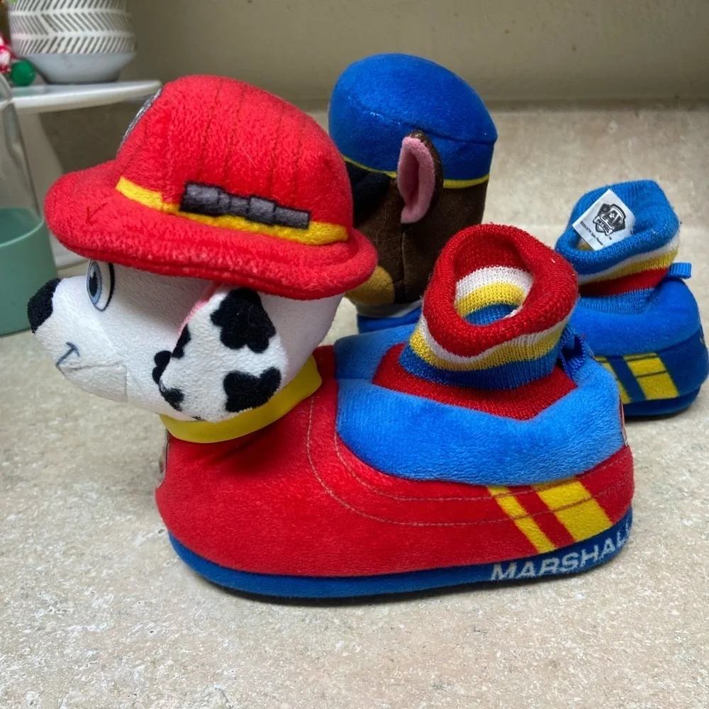 Paw Patrol Light-Up Plush Slippers For Kids - Chase & Marshall - Size 5-6